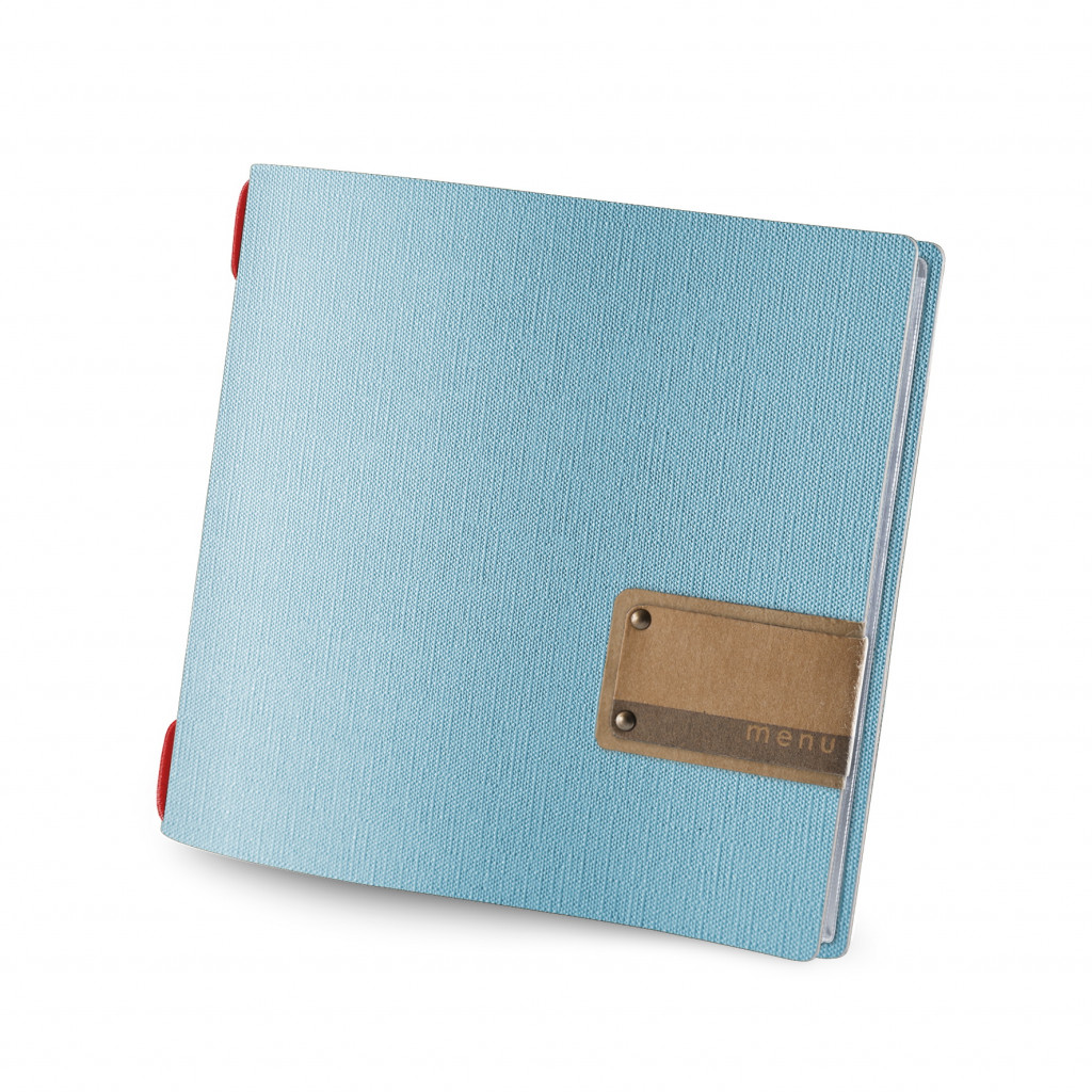 menu holder 23x23,1 cm (QUADRATO) PATCH label "menu" JUTE SKY BLUE