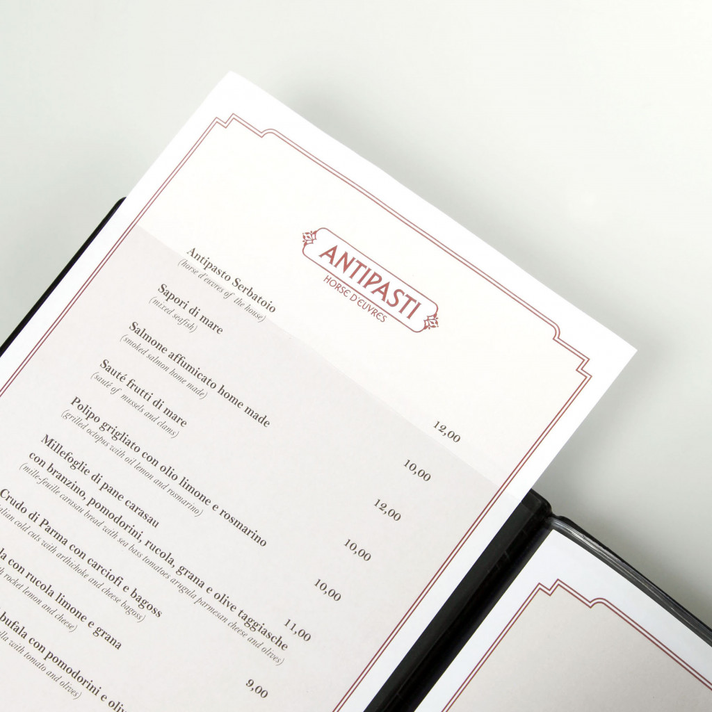 menu holder RISTO QUADRATO menu writing silkscreened 4 envelopes + 2 pockets RED