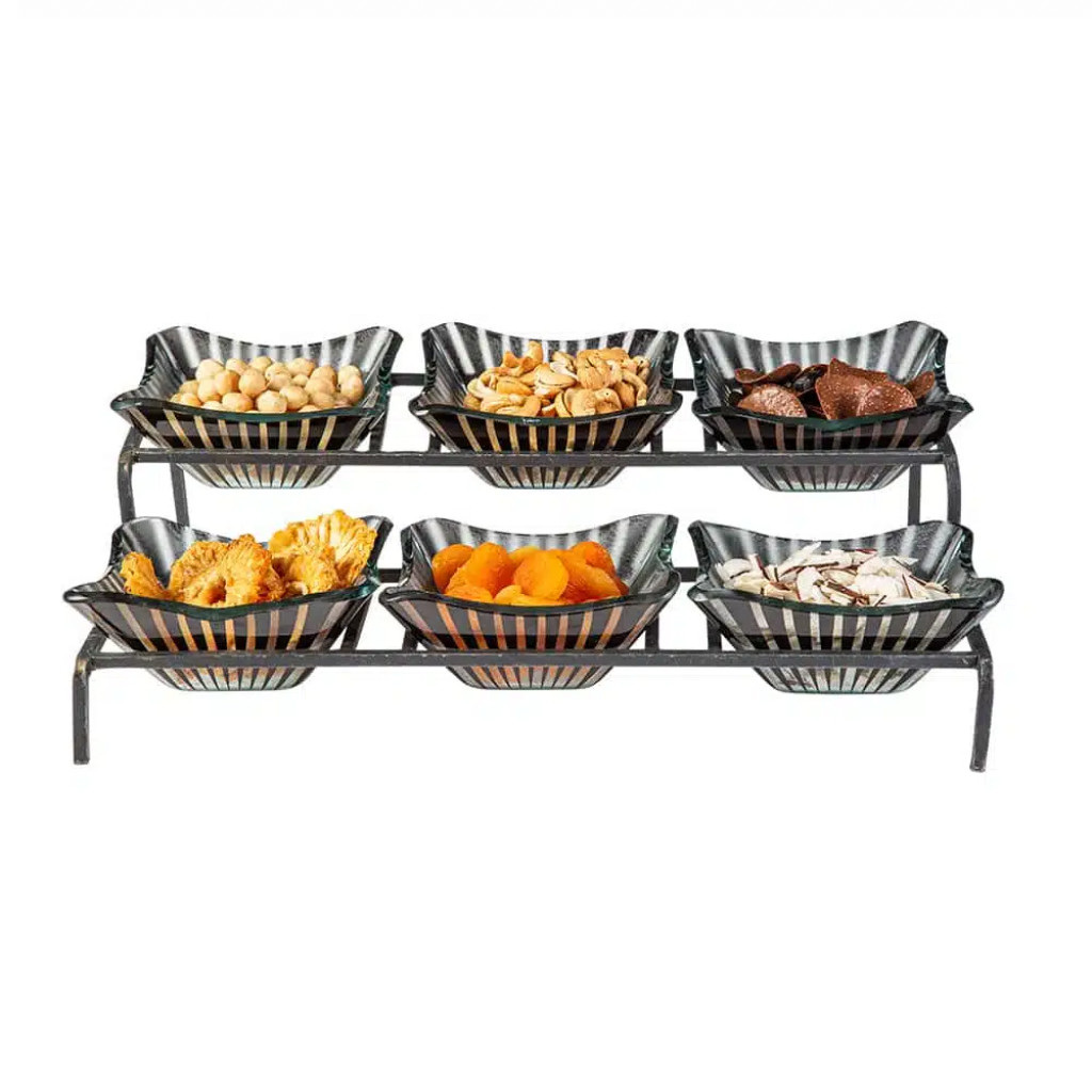 Rosseto 2 Level Blk Metal Flat Packed Condiment Stand with Six Stelo Black 7" Glass Bowls