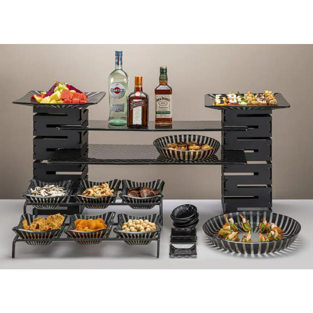 Rosseto 2 Level Blk Metal Flat Packed Condiment Stand with Six Stelo Black 7" Glass Bowls