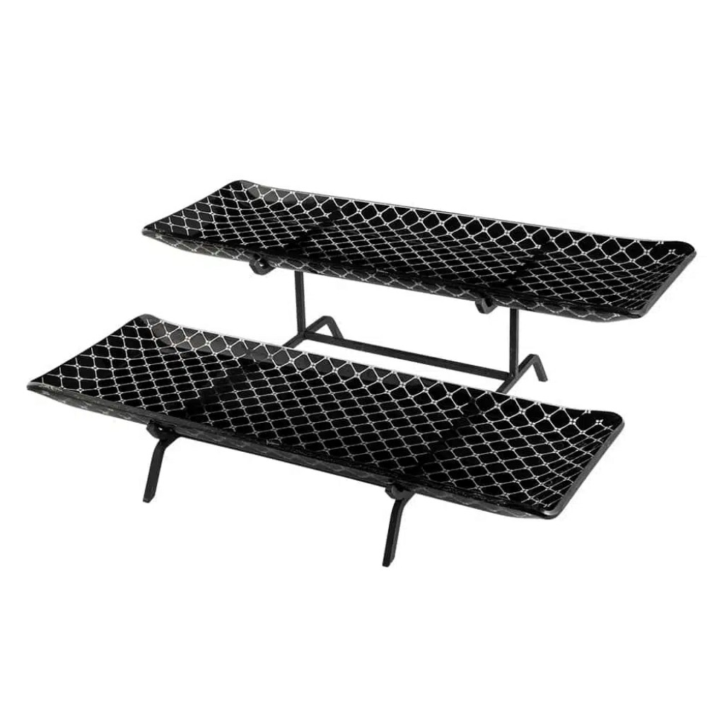 Rosseto 2 Level Blk Metal Flat Packed Stand with Two Zenit Black Large 22.5" Glass Trays