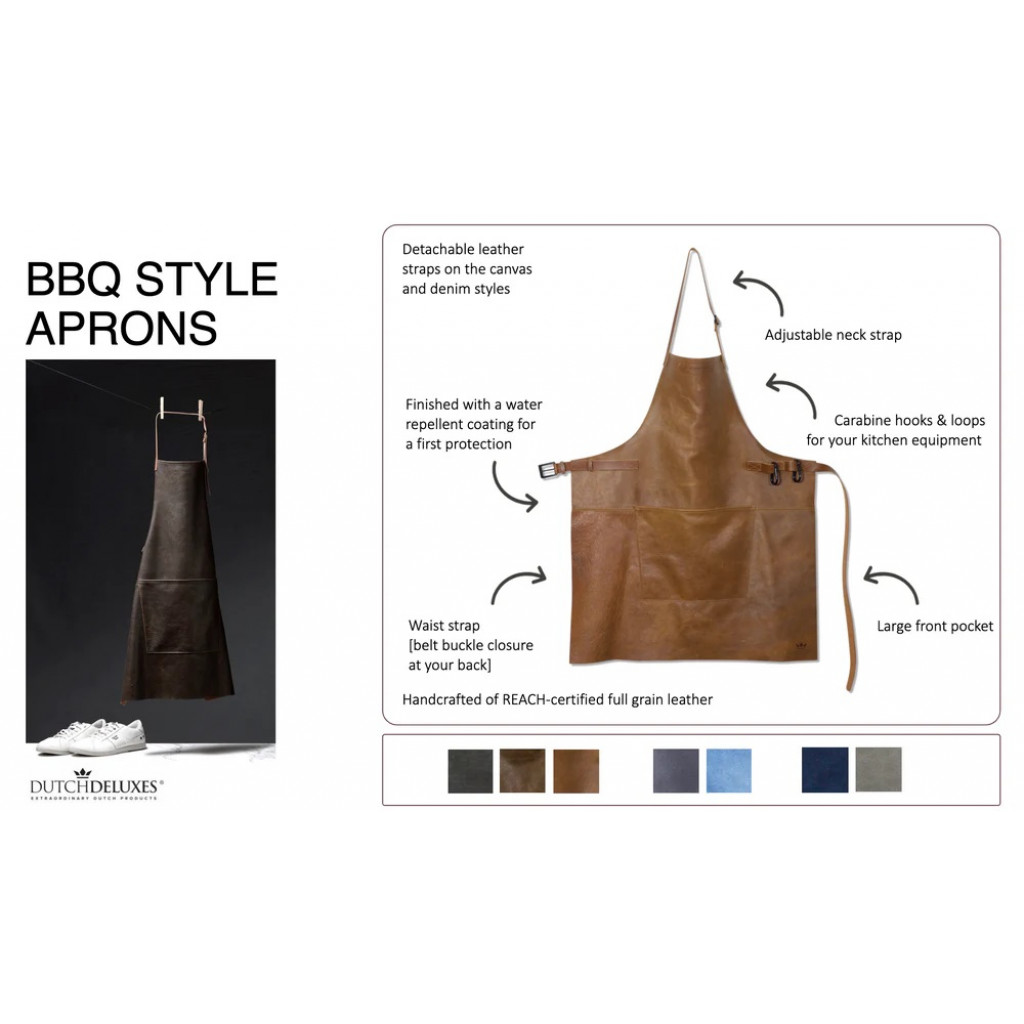 Dutchdeluxes BBQ Style Apron 100% cotton + leather straps Washed Grey