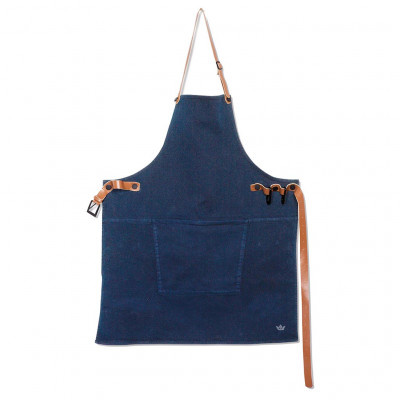 Dutch Deluxes BBQ Style Apron 100% organic cotton + leather straps Dark Blue