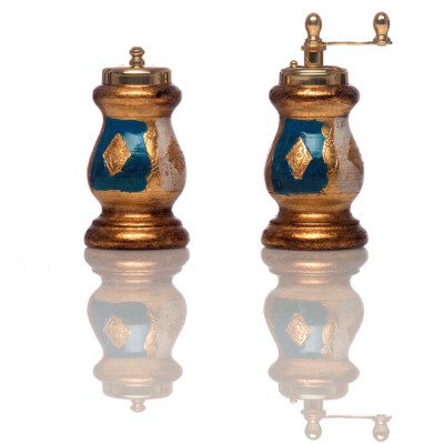 Chiarugi Pepper mill and salt shaker SET, Florentine Decoration, Polished and Lacquered Brass