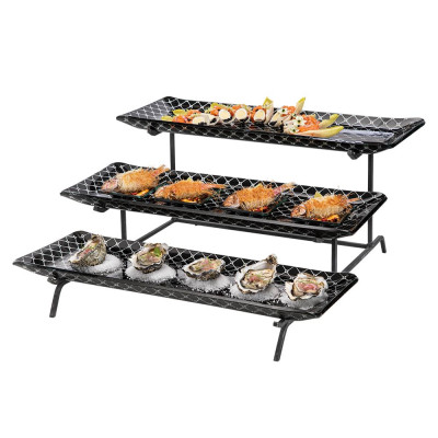 Rosseto 3 Level Blk Metal Flat Packed Stand with Three Zenit Black Large 22.5" Glass Trays, 1 EA