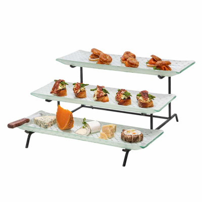 Rosseto 3 Level Blk Metal Flat Packed Stand with Three Zenit White Large 22.5"  Glass Trays